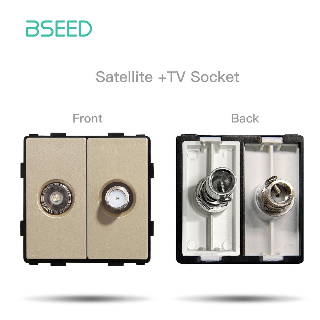 BSEED DIY EU Standard TV Satellite USB Sockets Button Switches With Crystal Glass Frame Panel Gold Home Improvement DIY Free