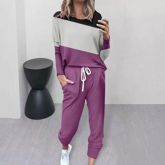 2 шт./комплект женский топ брюки костюм круглый вырез длинный рукав цветной блок спортивный свитшот завязка