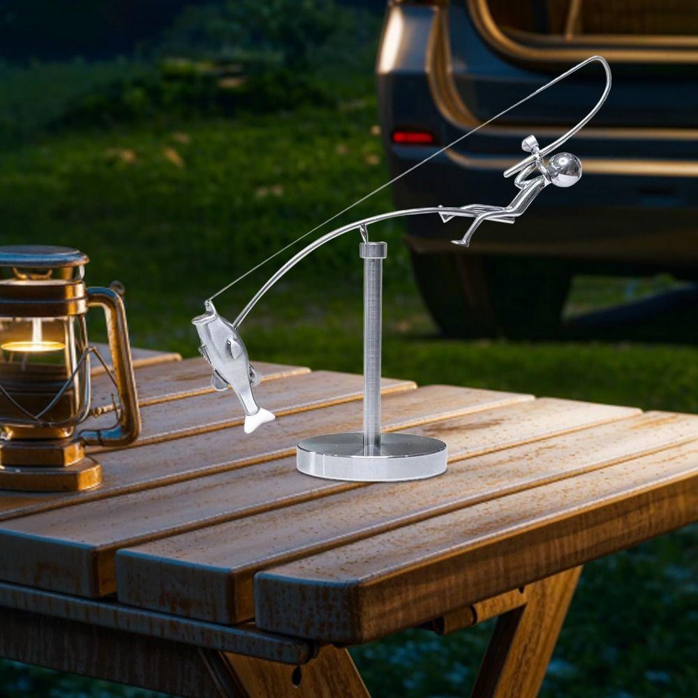 Desk Ornament The Fisherman Balancing Sculpture Metal Fishing Statue for Home & Office Decor