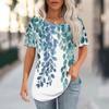 T Shirts For Women Pleated Round Neck Dressy Casual Blouses Printing Short Sleeve Summer Tops Loose Fit