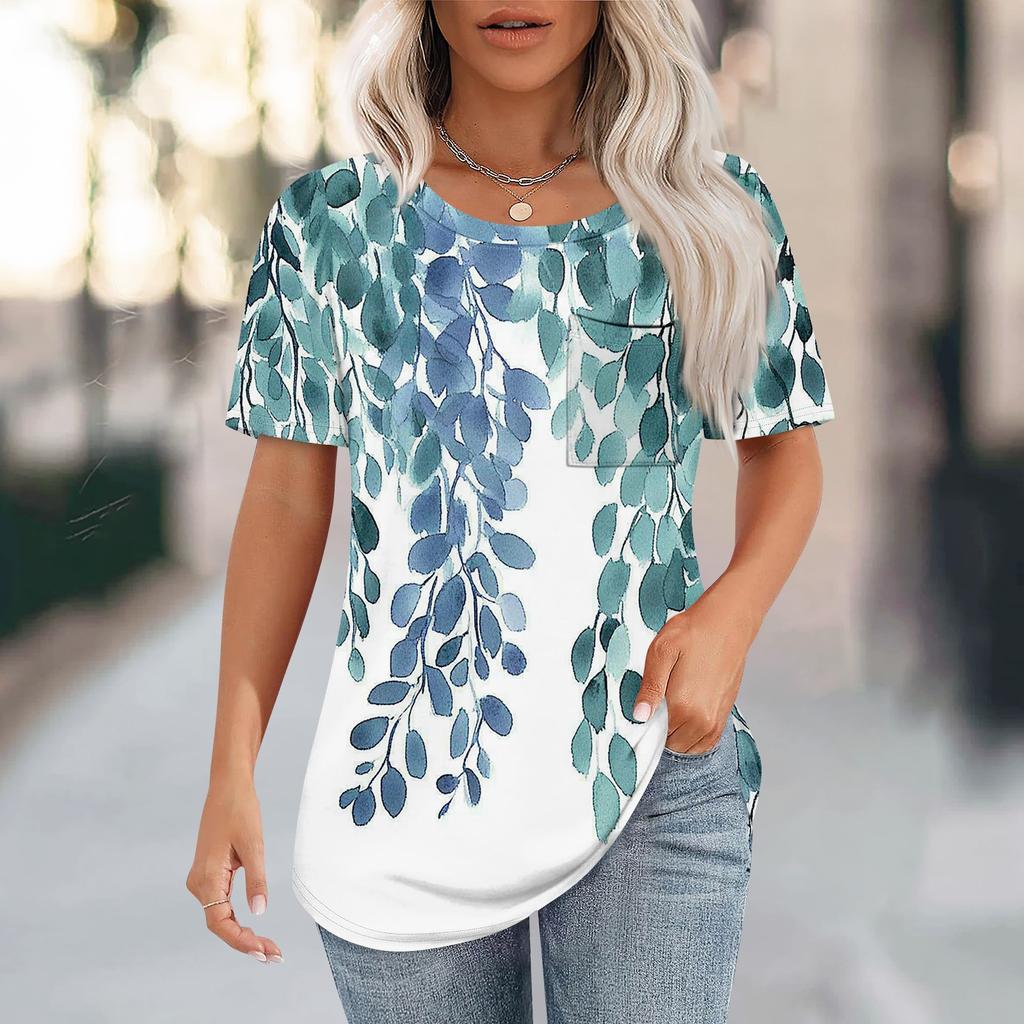 T Shirts For Women Pleated Round Neck Dressy Casual Blouses Printing Short Sleeve Summer Tops Loose Fit
