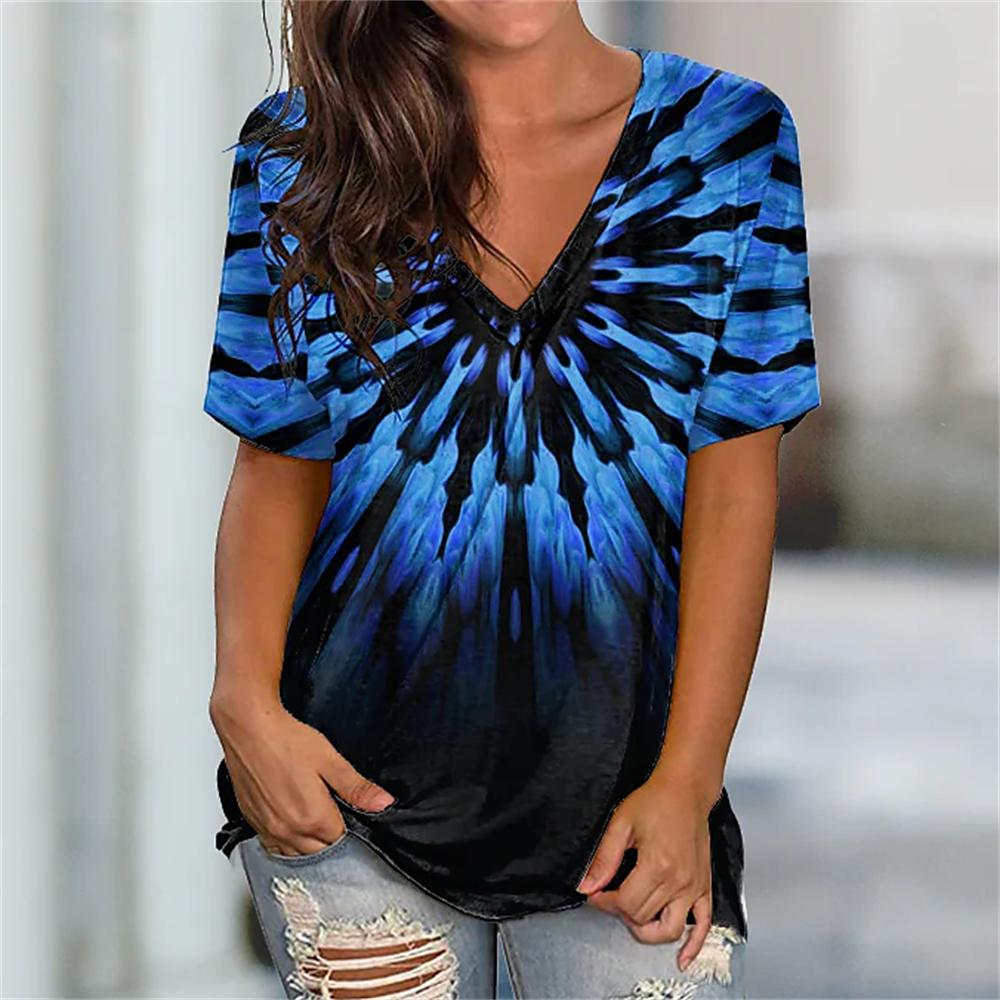 Летний топ с V-образным вырезом и 3D-принтом, модные повседневные женские футболки с короткими рукавами