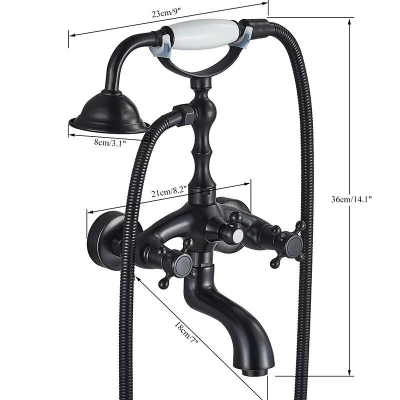 Латунный смеситель для душа в стиле ретро, ​​набор смесителей для душа с двумя ручками, настенный смеситель для ванны с ручным душем и поворотным изливом для ванны