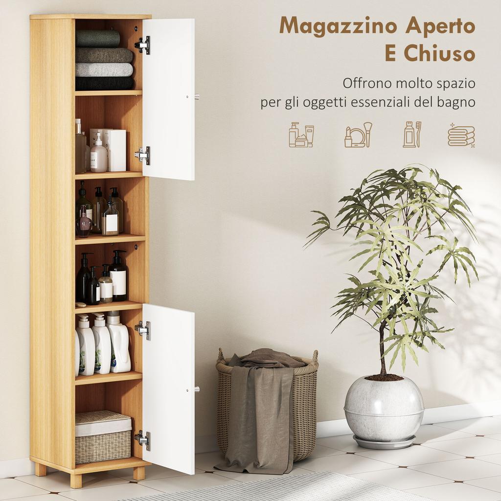 Bathroom Column with 2 Cabinets and Open Shelves. 30x30x166cm. White and Wood