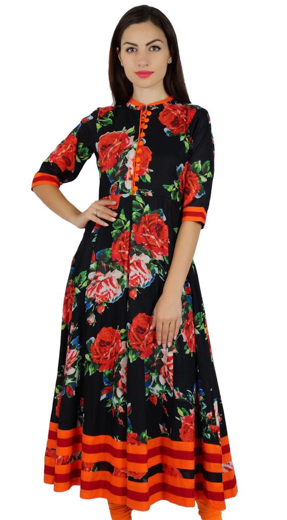 Bimba Women Printed Mandarin Collar Anarkali Kurti Indian Designer Ethnic