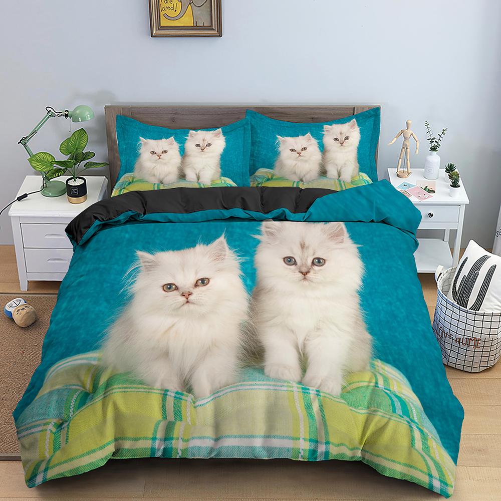 White Cat King Queen Duvet Cover Kawaii Pet Kitty Bedding Set For Kids Teens Adults Family Animal 2/3pcs Polyester Quilt Cover