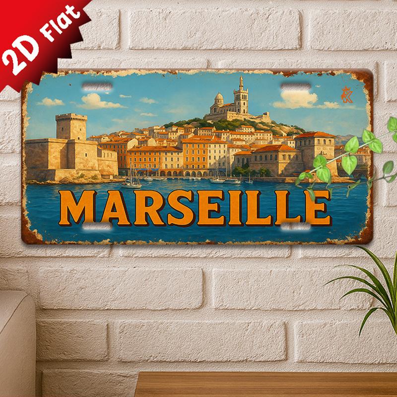 D Flatpc Vintage Metal Sign Decorative SignVintage Sign Marseille Cityscape with BoatsHome Decoration Vacation Home