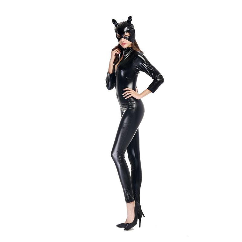 Сексуальный черный боди из ПВХ-кожи Костюм для косплея с маской на Хэллоуин