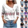 Women's Casual Fashion Printed Long Sleeve Lapel V Neck Button Pullover Top