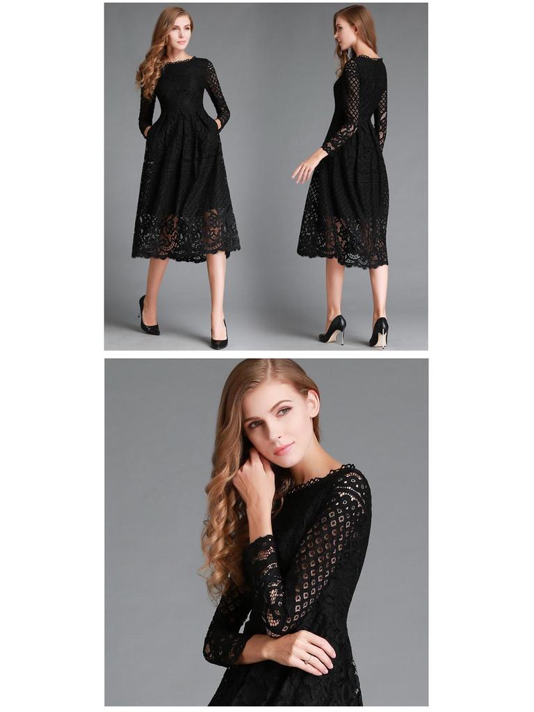 2025 Autumn Women's Lace Hollow Round Neck Slim Dress