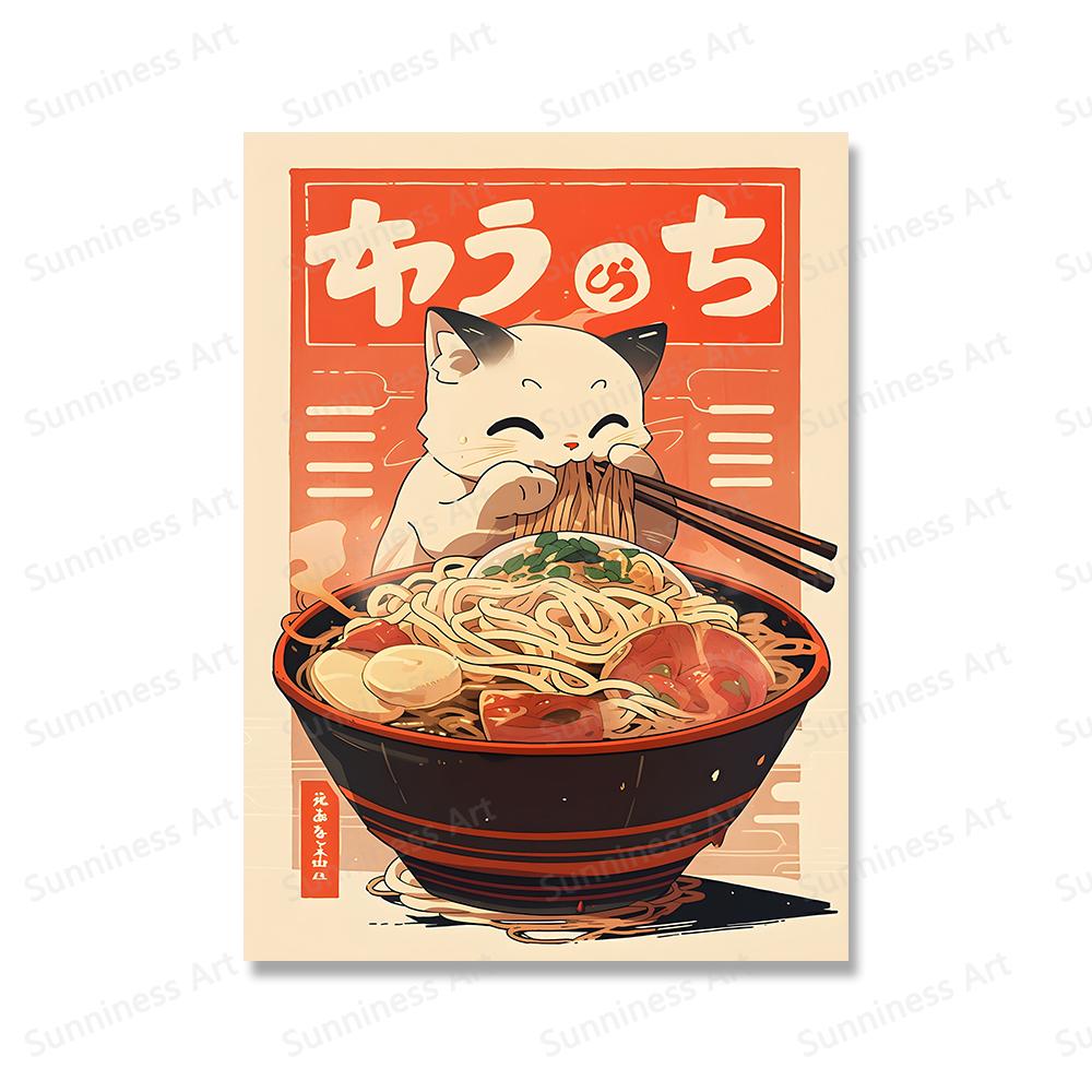 Kawaii Japanese Ramen Canvas Painting Animal Cats Posters and Prints Noodles Food Wall Pictures for Kitchen Room Home Decoration