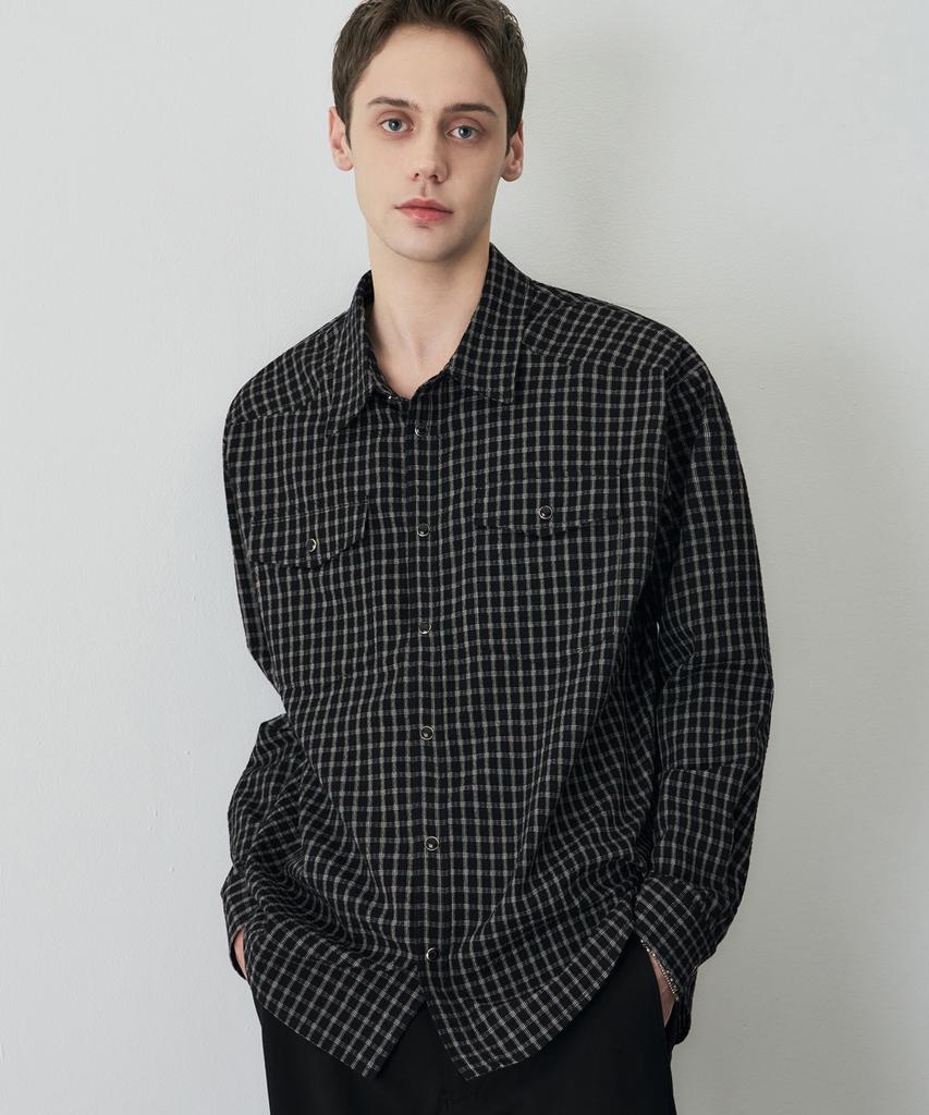 DRAW FIT Dylan Check Seersucker Western Shirt [Black]