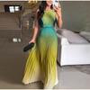 Elegant Gradient Color Pleated Long Dress Fashionable Women's Sleeveless Gown Neck Hanging Design Classy Trendy New 2025