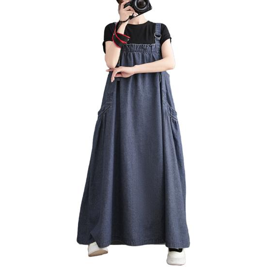 Yousheng Women's Denim Overall Dress Loose Sleeveless Boho Jean Jumper Dress with Pockets Wide Hem Pinafore Dress with Adjustable Strap