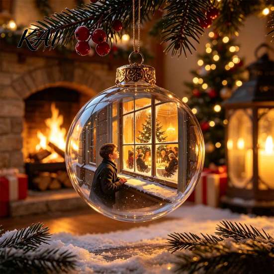 Window Display Festive Supplies Glowing Christmas Story Ornament, Light-Up 3D Hanging Ball with Warm LED, Mini Holiday Wall Decor Scene Clear