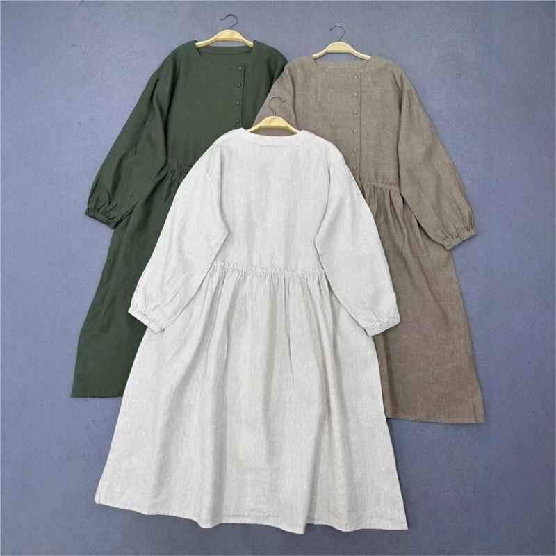Johnature Весенне-осеннее платье с круглым вырезом и оборками для женщин, свободное повседневное винтажное платье для женщин