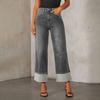 Women Baggy Jeans High Waisted Wide Leg Denim Pants Stretchy Cuffed Hem Straight Boyfriend Jeans with Pockets