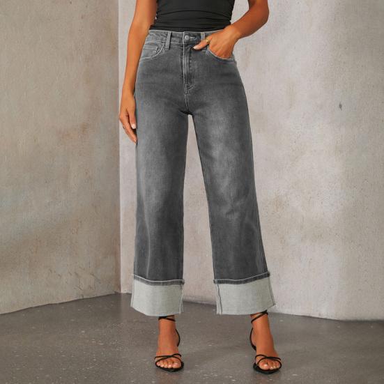 Women Baggy Jeans High Waisted Wide Leg Denim Pants Stretchy Cuffed Hem Straight Boyfriend Jeans with Pockets