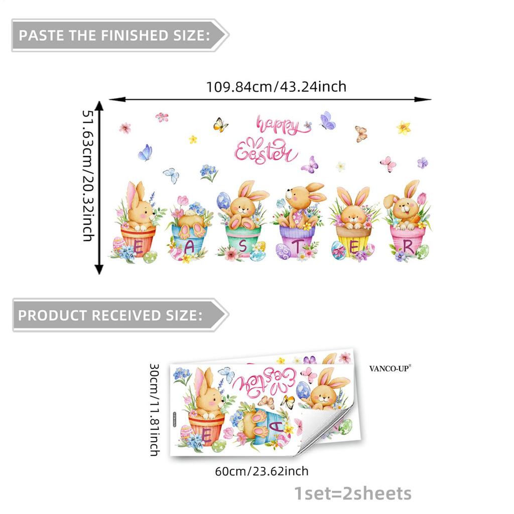 2 листа Easter Egg Bunny Flowerpot Pattern Наклейки на окна Милый кролик Цветочный горшок Пасхальное яйцо Статические наклейки Декор для дома