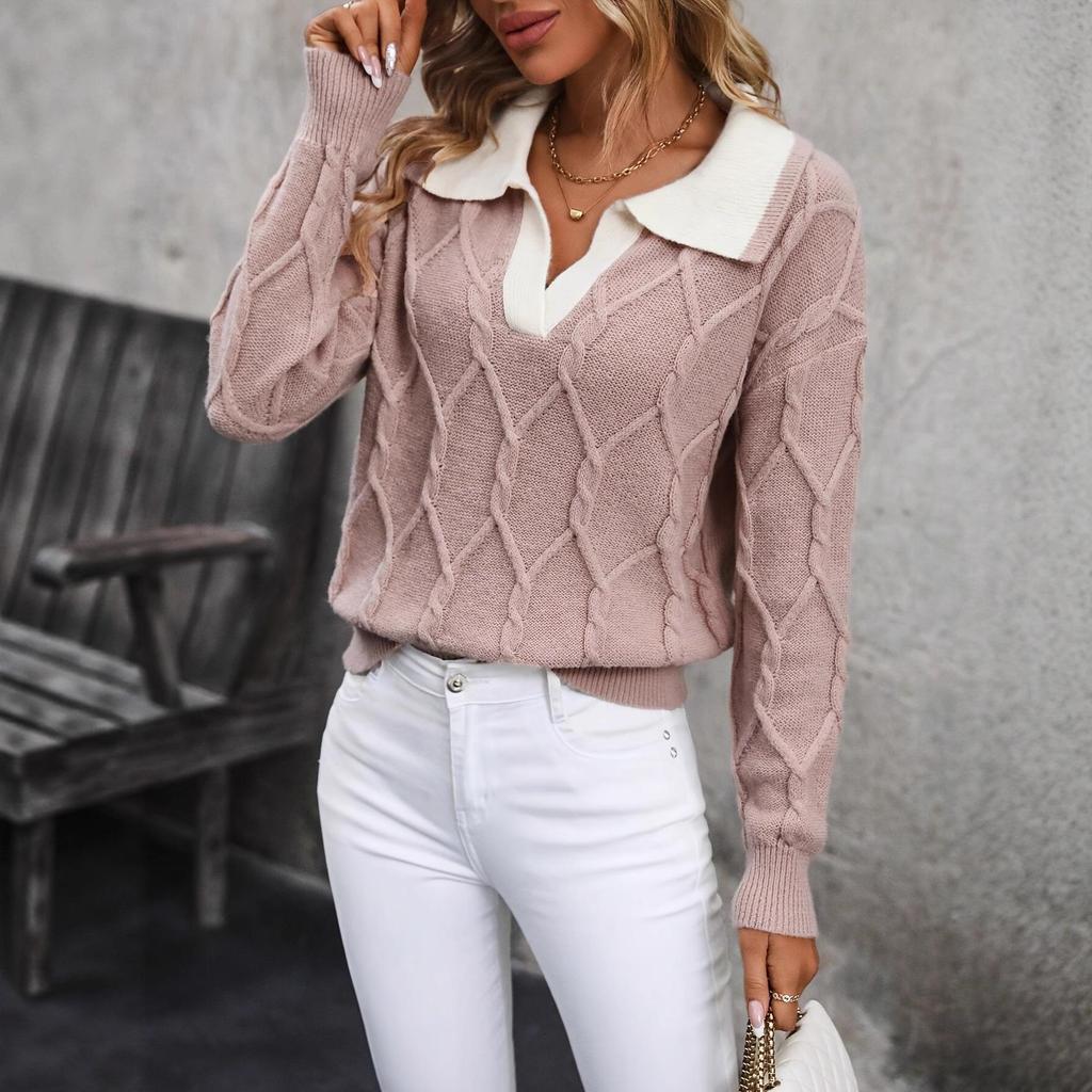 Cross-Border Autumn/Winter Fashion Casual V-Neck Cable Knit Sweater for Women