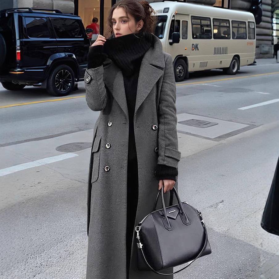 Women Autumn and Winter Temperament Commuter Suit Collar Double-Breasted Long Coat