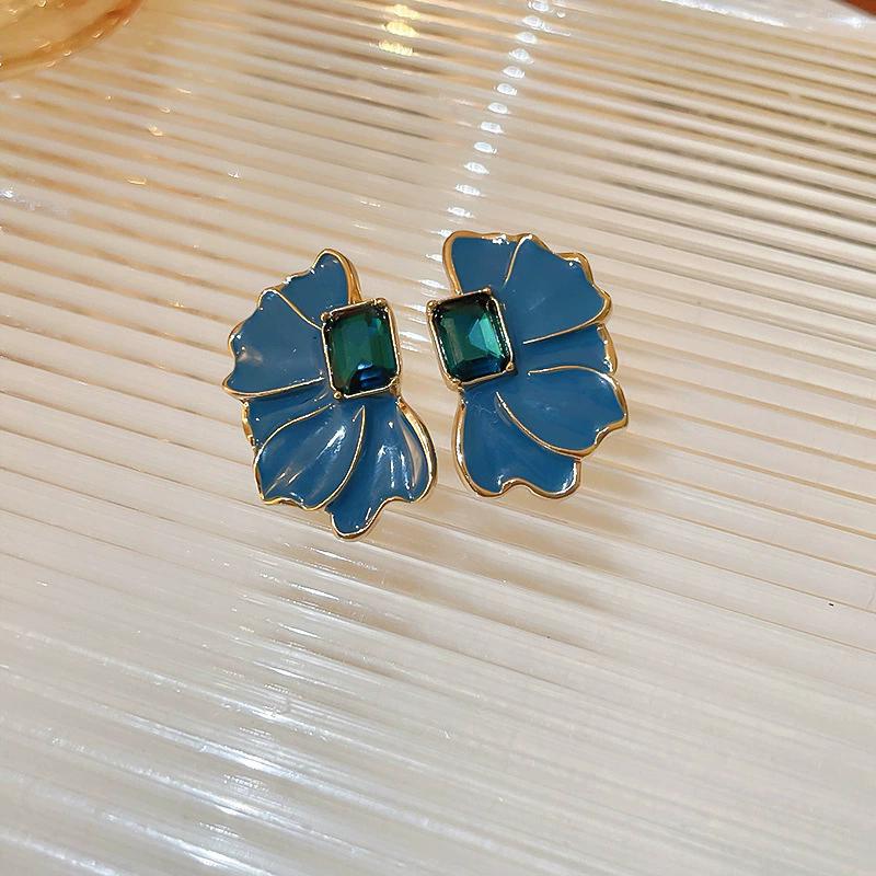 New French Retro Rhinestone Blue Oil Flower Drop Stud Earrings Fashion Cute Alloy Stud Earrings For Women Jewelry Gifts