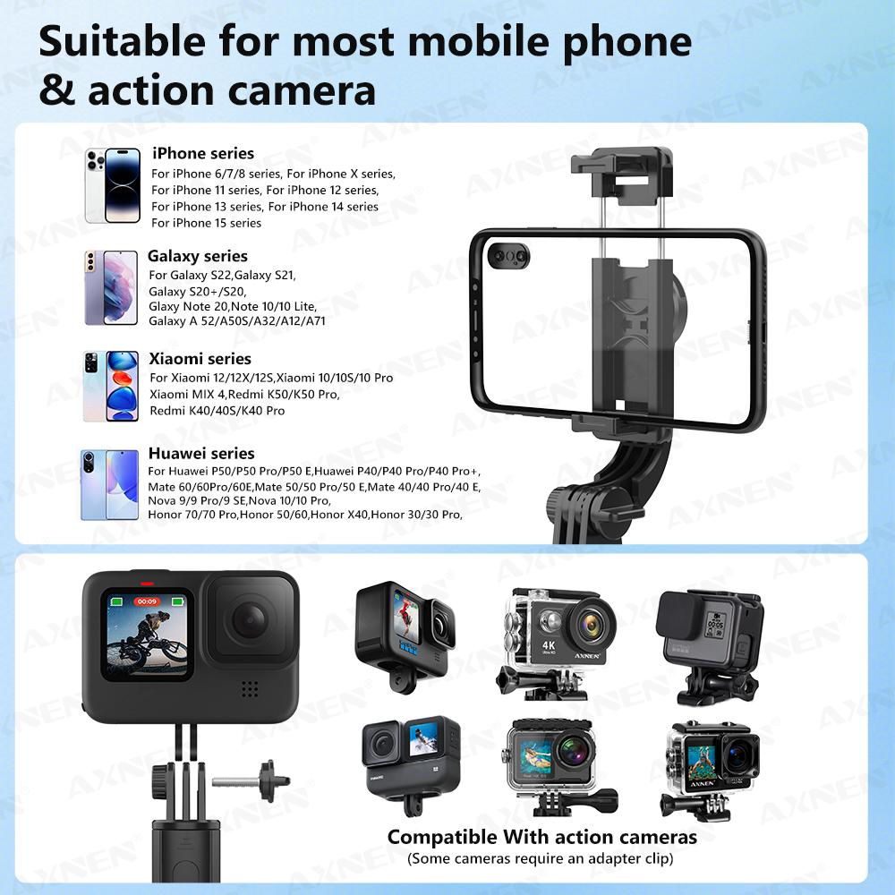AXNEN L21 Selfie Stick Tripod Stand for Cell Phone Holder Pole with 5-section Extension Rod Monopod for Gopro Action Camera Vlog 7