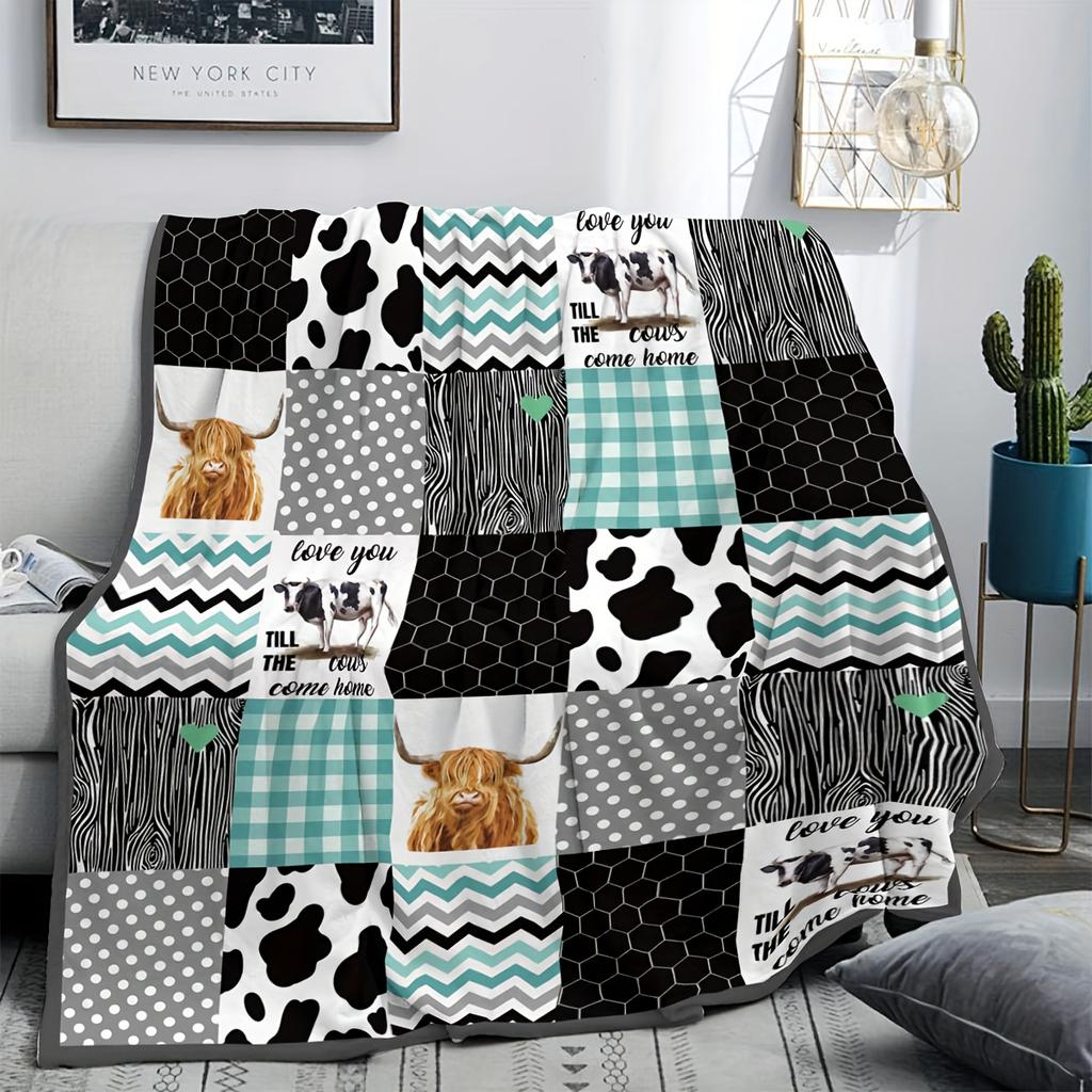 Highland Cow Patchwork Plaid Cow Print Flannel Throw Blanket Super Soft Warm Blanket for Sofa Bed Farmhouse Home Decor Gift