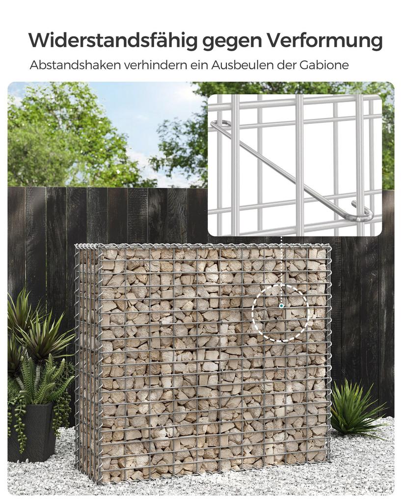 SONGMICS Gabion Basket, Metal Gabion Cage with 5 x 10 cm Mesh for Stones, Galvanised, Garden Decor Wall Partition, 100 x 90 x 30 cm, Silver