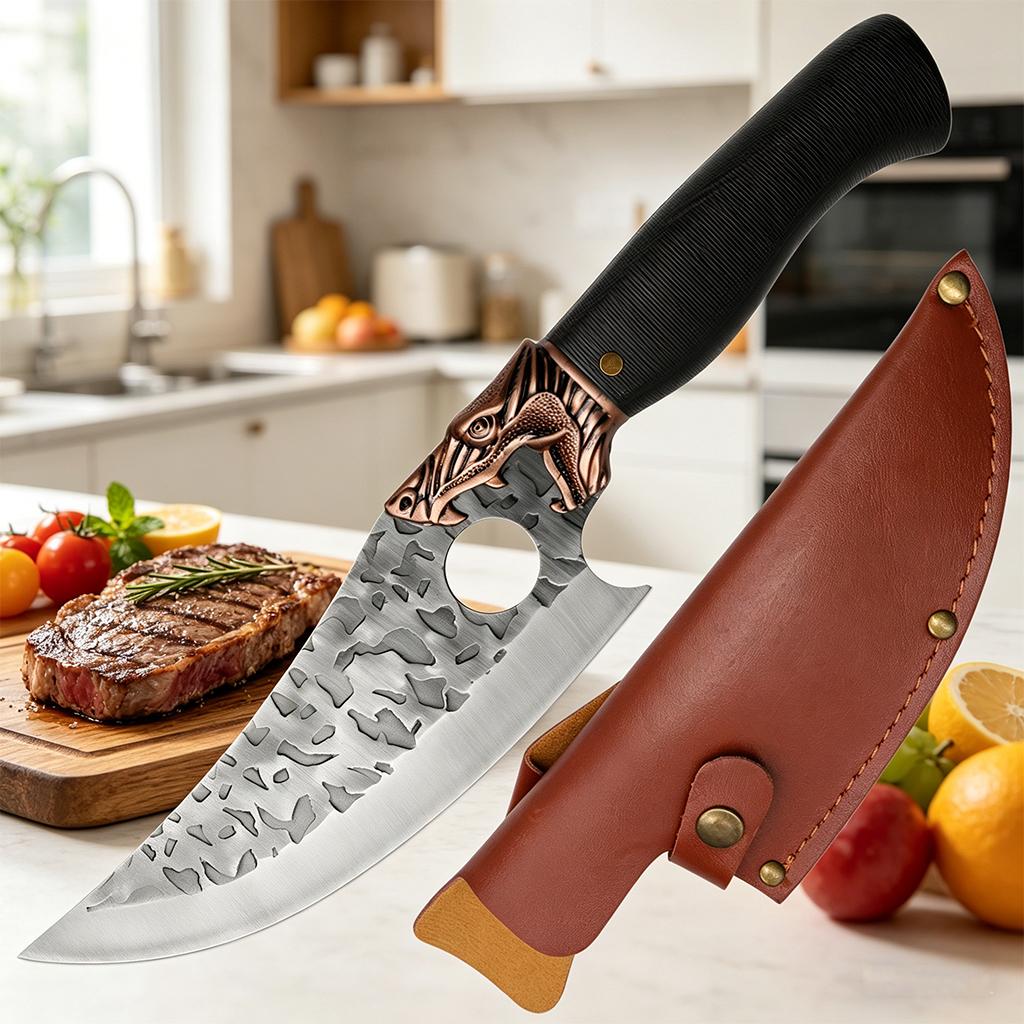 Vintage Forged Kitchen Knife Household Stainless Steel Meat Cutting Knife with Plastic Handle Forging Process Cutting Tool with Leather Knife Cover