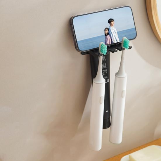 Wall Mount Toothbrush Holder 5 Slots No Drill Adhesive Modern Multi-functional Phone Toothpaste Storage Organizer Rack Bathroom Supplies