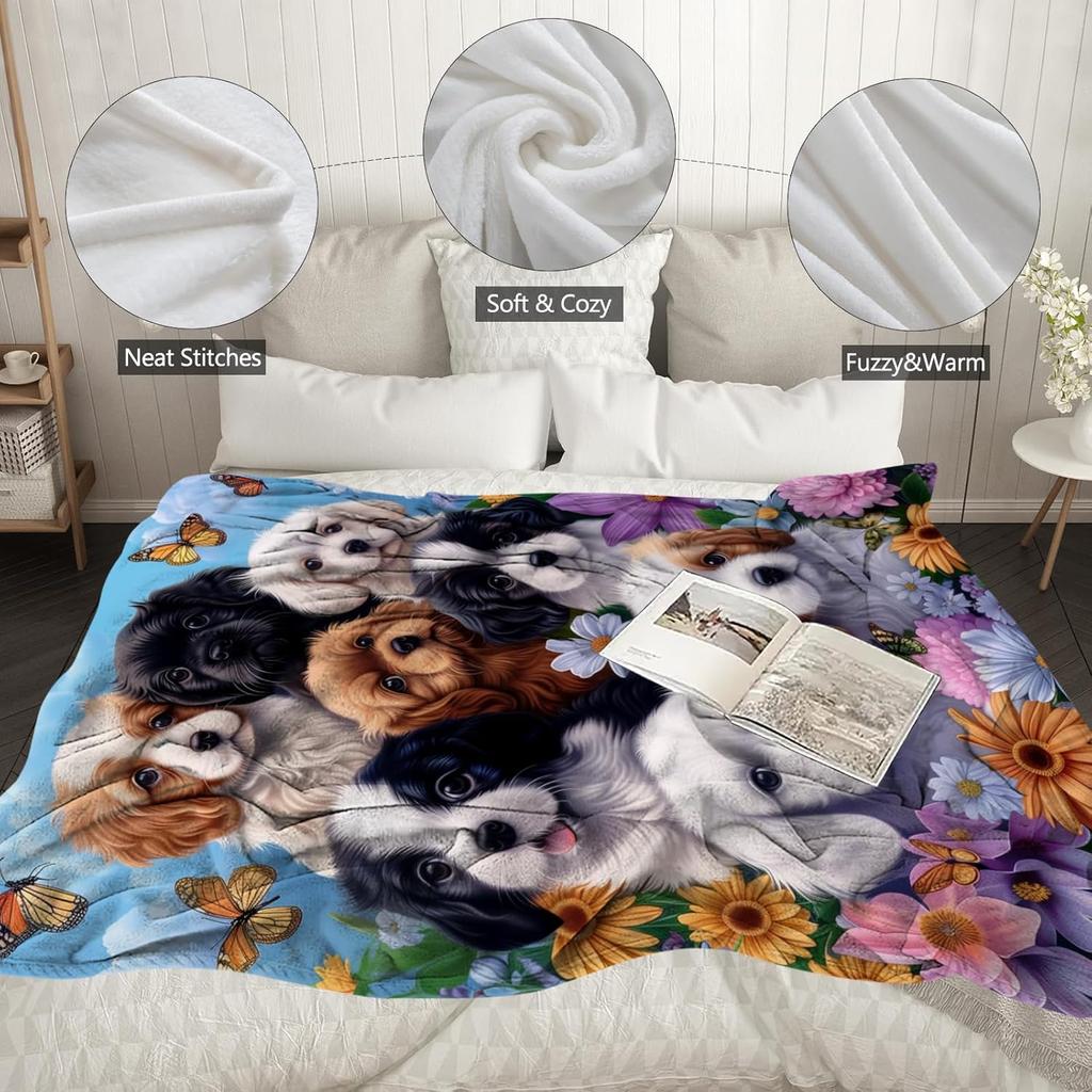 WZOMT Dog Blanket, Cute Floral Puppy Dog Print Throw Blankets Decor, Kawaii Dogs Themed Gifts for Women, Soft Cozy Fuzzy Plush Fleece Flannel