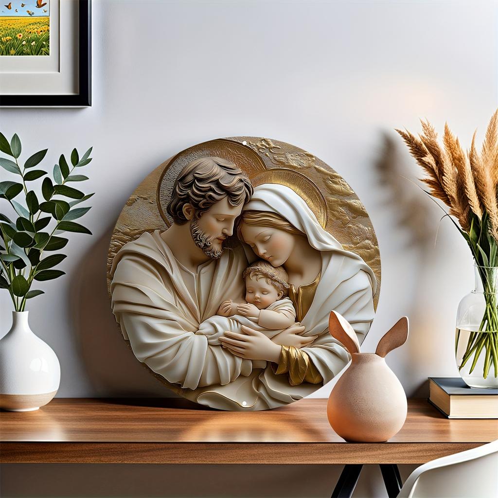 Деревянная круглая настенная живопись «Семья Иисуса», религиозный декор для гостиной, спальни, ванной комнаты, гаража, бара, кафе, простая и стильная дверь туалета