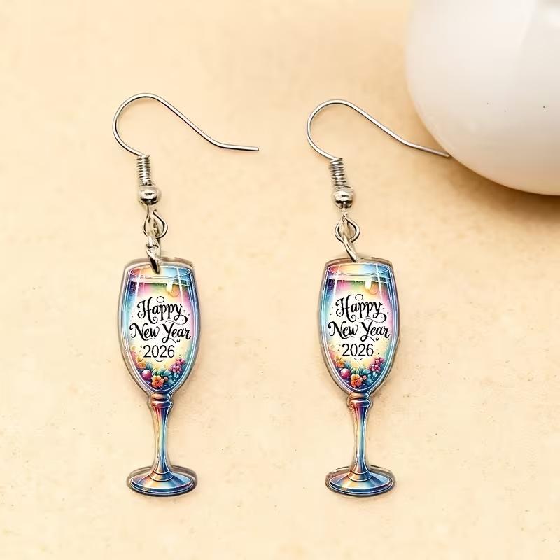 Cross-border new models, colorful 2026 happy new year wine glass earrings 2D acrylic creative New Year's Eve goblet earrings