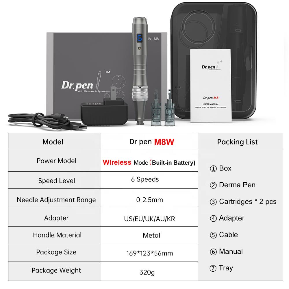 Dr.Pen M8W Перезаряжаемая ручка с микроиглами для мезотерапии, набор для ухода за кожей с 12 шт. картриджами, роликами для дермы, MTS, профессиональное устройство для салона красоты