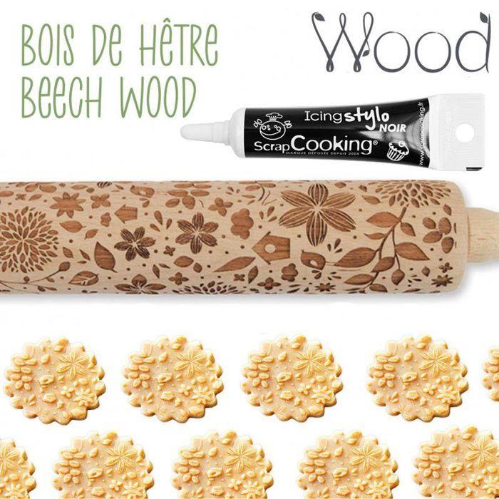 Wooden Rolling Pin with Natural Prints 39 Cm + Black Icing Pen