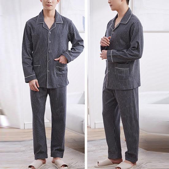 2 Pcsset Winter Fall Men Pajamas Set Striped Turndown Collar Color Matching Singlebreasted Loose Wide Leg Elastic Waist Homewear Shirt Trousers