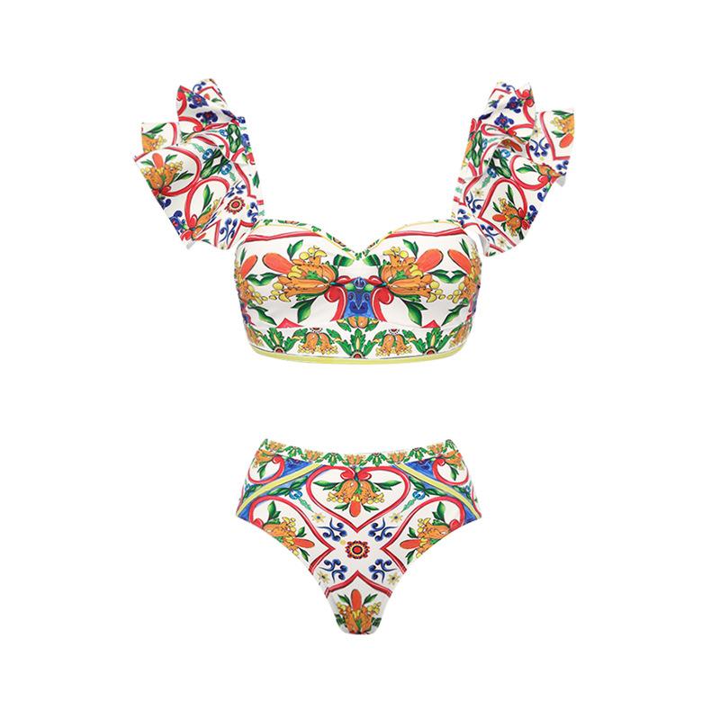 1011 European and American new printed straps split swimsuit women's high-waisted bikini suit skirt