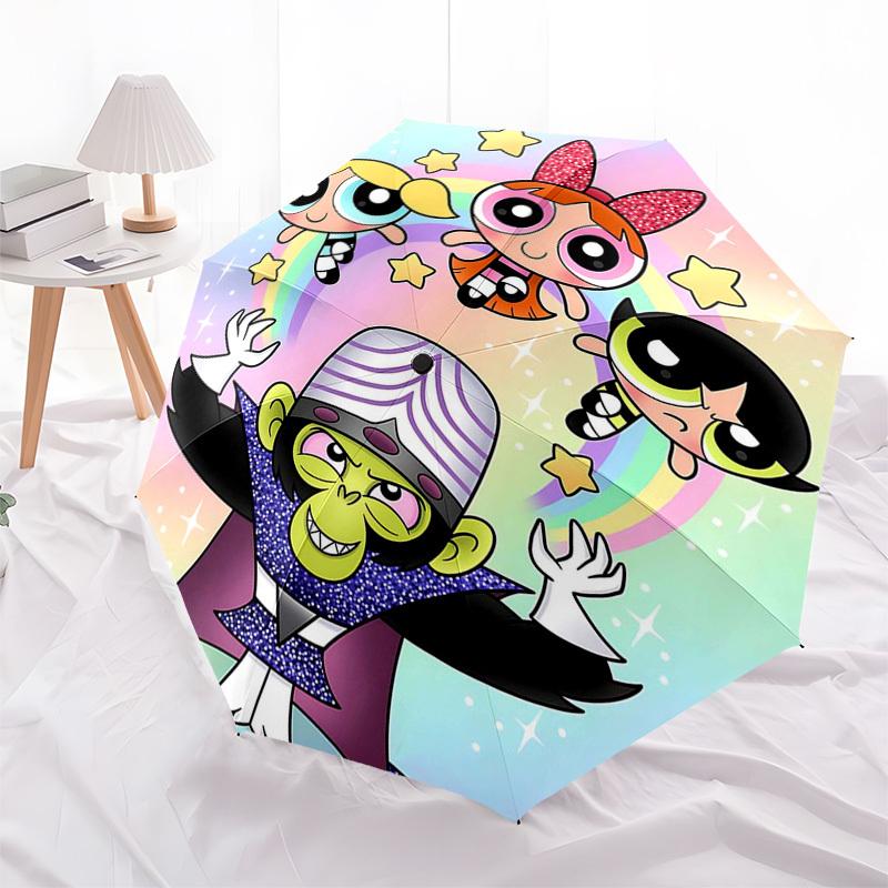 1pc Powerpuff Girls Automatic Opening Umbrella - Portable Tri-Fold Design with 8-Bone Iron Frame, Outdoor Umbrella for Fans, Travelers, Daily Use, Gif