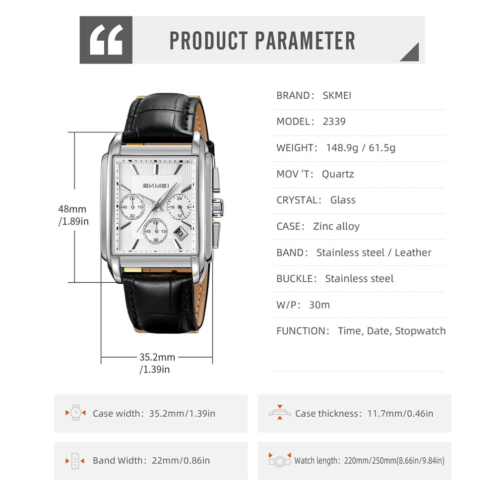 SKMEI Квадратные часы с черным кожаным ремешком Стильные Роскошные Серебристые часы Идеально подходят для подарков Мужской ремешок, Хронограф, Водонепроницаемые, Аналоговые, Деловые/Повседневные,
