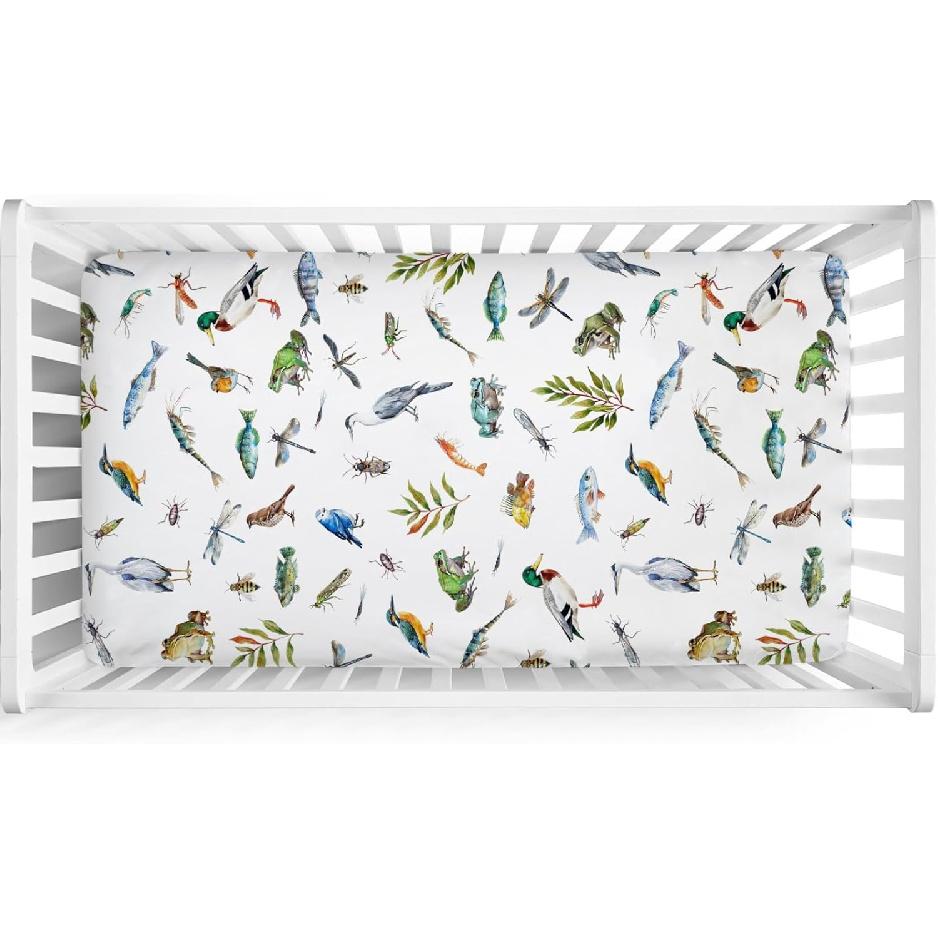 Wildlife Pond Baby Crib Sheets 52''x28'' Wild Animals Frogs Duck Fish Bird Weeds Snug Fitted Crib Mattress Cover for Boy Girl Fishing Hunting Soft