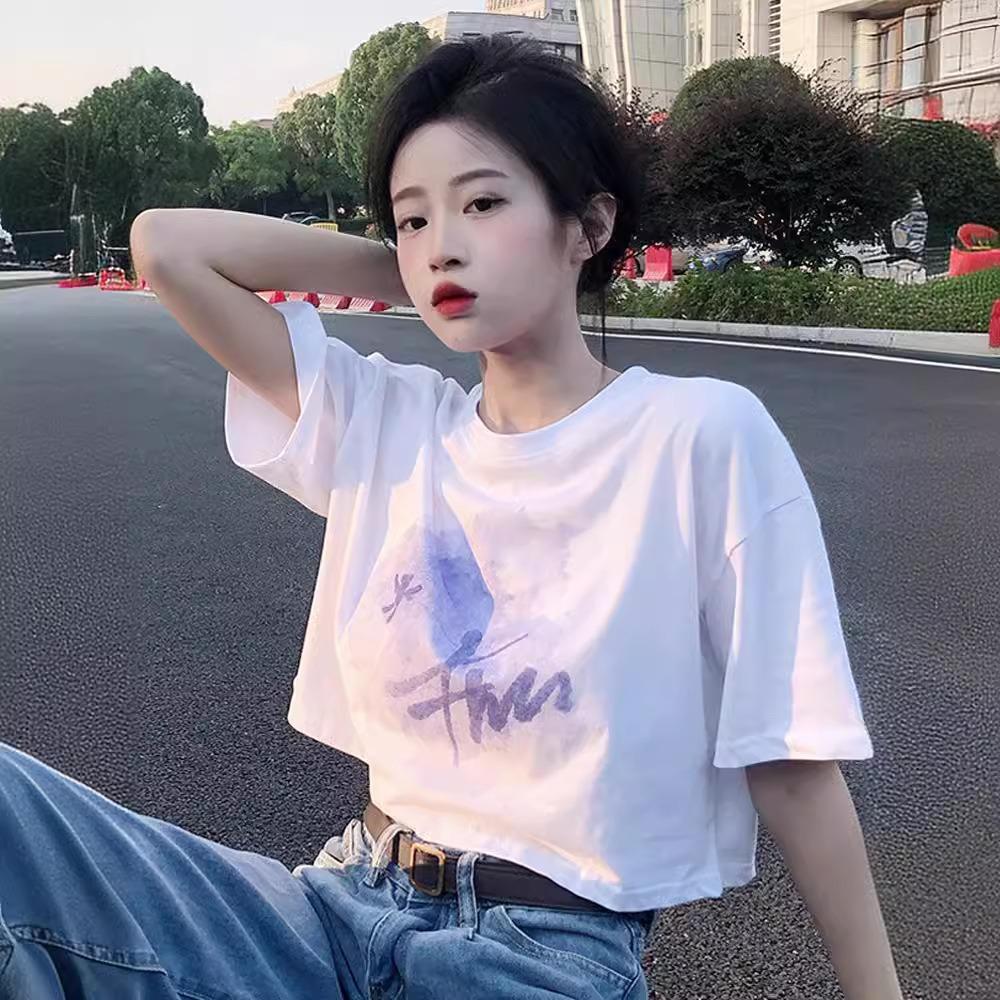 Pure Cotton Short T-shirt Design Summer Hot Girl Short Sleeve Black Loose Top