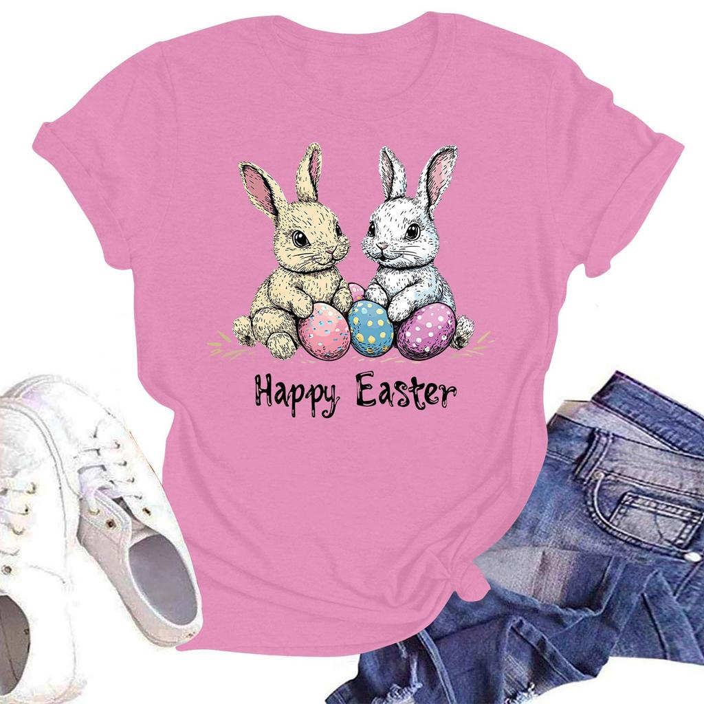 Happy Easter Women's Fashion Printed Round Neck Short Sleeve T-Shirt Pullover Top