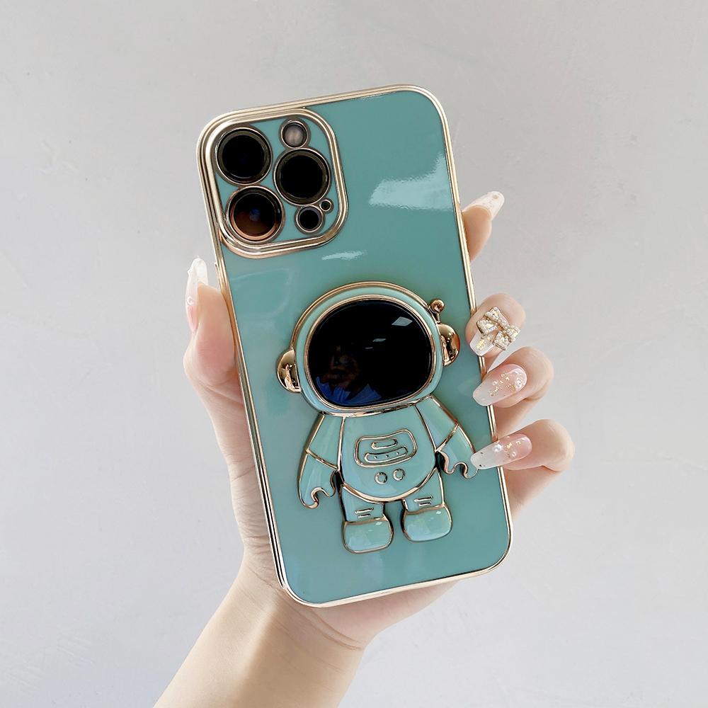 Мягкий чехол из ТПУ для телефона с держателем астронавта с золотым покрытием и краем для Samsung S23 S24 Ultra A15 A35 M54 Huawei P40 Honor 90 Lite, задняя крышка