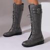 Women Knee High Long Boots Round Toe Thick Mid Heels Buckle Lace-up Zipper Gogo Boots Ladies Fashion Shoes Autumn Winter 46
