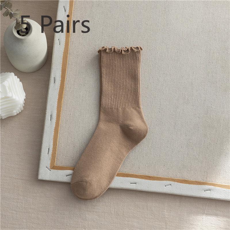 5 Pairs of Women's Summer Thin Style In The Tube Wooden Ear Side Socks