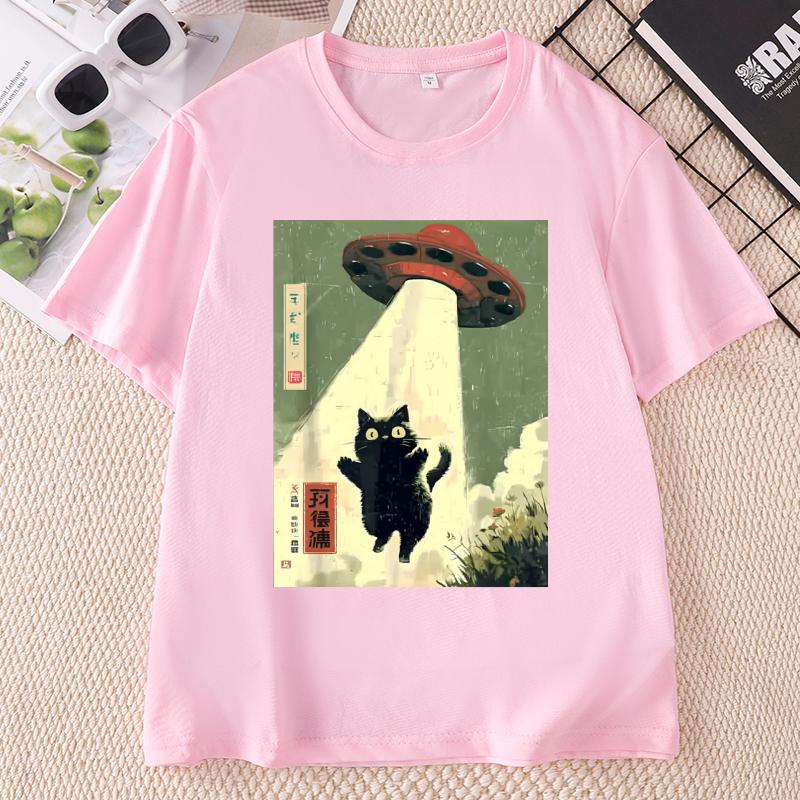 Black Cat UFO Graphic TShirts Japanese Cat Alien Graphic Tee Unisex Unisex Cotton Short Sleeve Printed Tshirts Streetwear