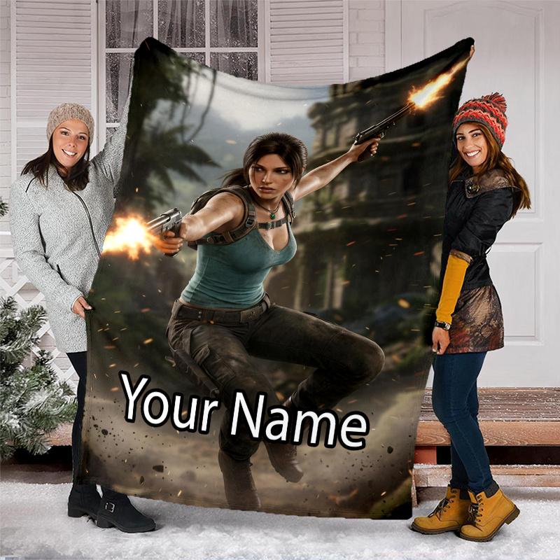 Custom Name Tomb Raider Theme Printed Blanket - Perfect for Couch, Bed, Travel & Outdoor Use | Machine Washable, Cozy & Durable.