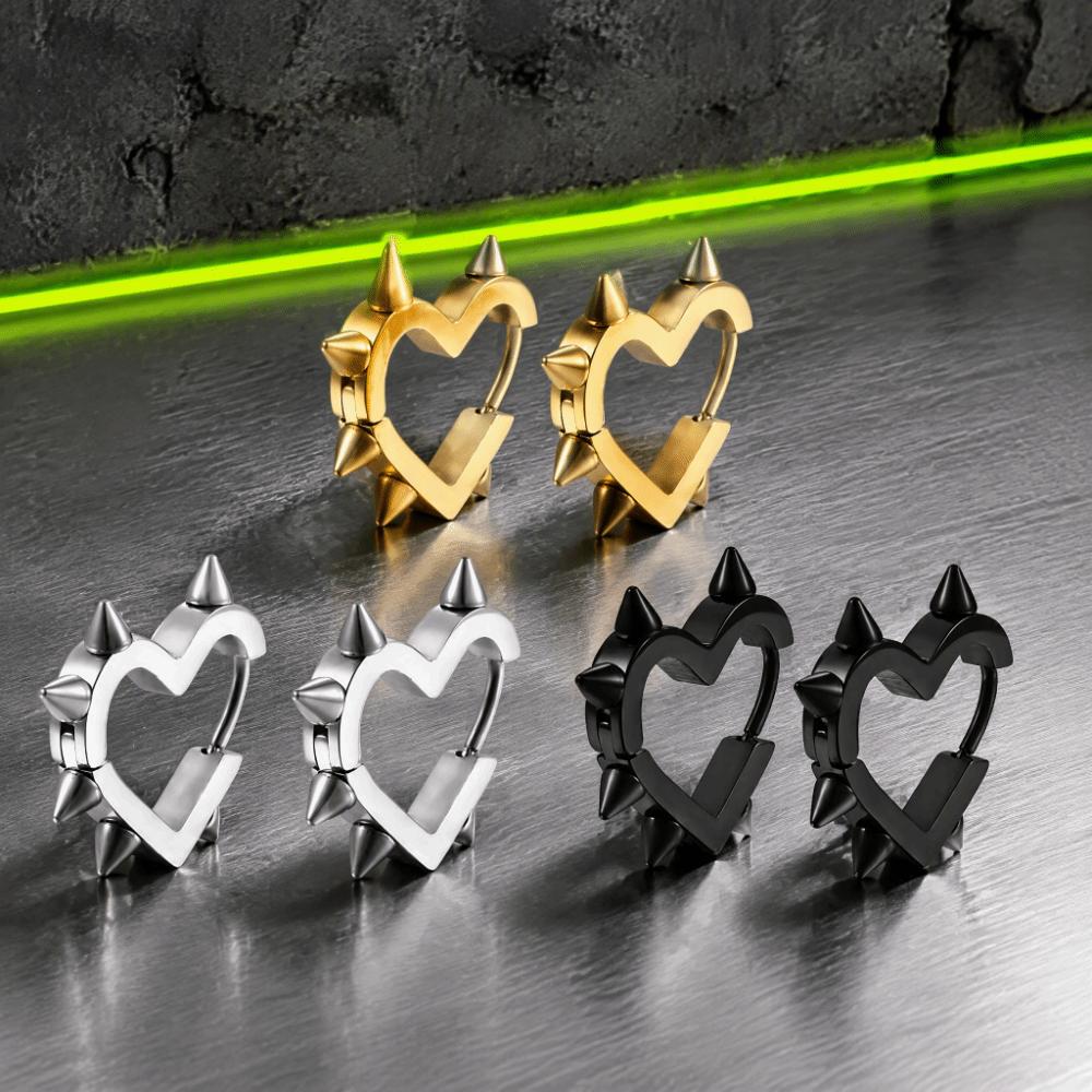 Geometric Design Heart Hoop Earrings Silver Color Rivet Earrings Cool Piercing Earrings  For Women