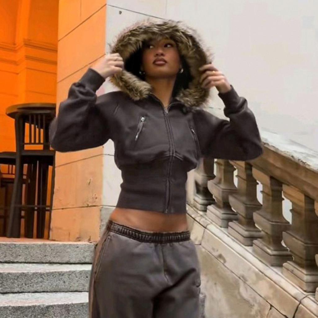 VAYLA Куртка укороченная приталенная с капюшоном и отделкой из искусственного меха Y2K с длинными рукавами и застежкой-молнией, уличный стиль, повседневная, осенне-зимняя одежда